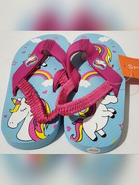 Girls Pink Unicorn Flip Flop Sandals with Light Blue Footbed Size 11